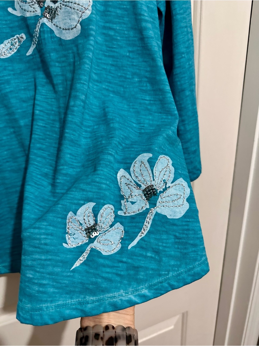 Chico's Teal Blue Floral Scoop Neck Long Sleeve Top - Picture 6 of 10